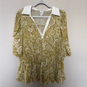 Maeve Olive Floral Blouse with White Accents